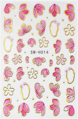 Zlatá Linie Schieber Rosa Samolepka na nehty Blumen 3D Květina Samolepka na nehty Sakura Blütenblätter Blumen Nagelaufkleber Frühling Summer Floral Nagel Sticker Květiny Samolepky na nehty Nageldesign Zubehör Nail Art