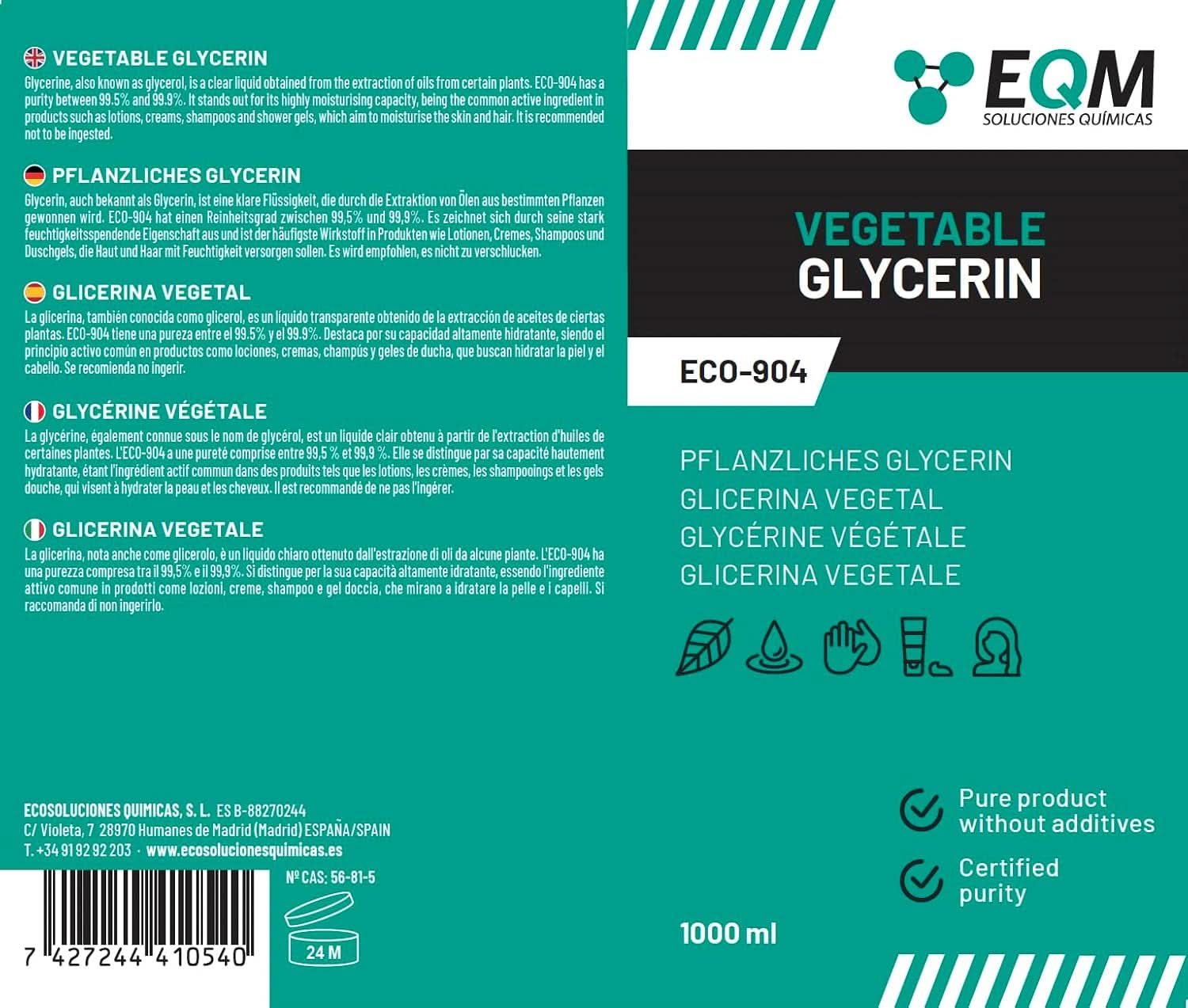 Rostlinný glycerin, 100% přírodní, přírodní zvlhčovač pro vlasy a pokožku, ideální pro mýdla, šampony, krémy, 1 litr Sprcha a vana Naty Shop
