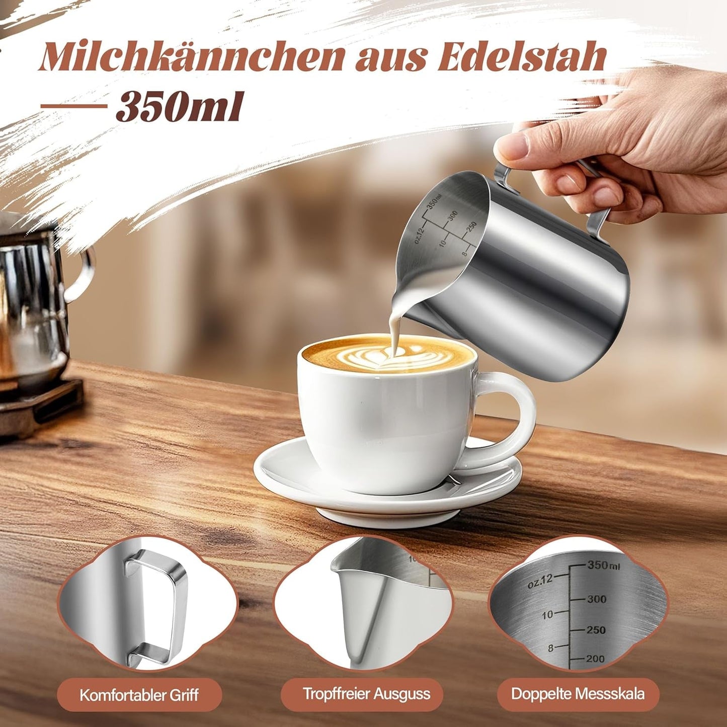Hrnek na mléko, 350 ml Hrnek na mléko z nerezové oceli s odměrkou, příslušenství pro baristy, Hrnek na mléko na Cappuccino, Espresso, Latte Art, Milovníci kávy, Stříbro, 355 ml
