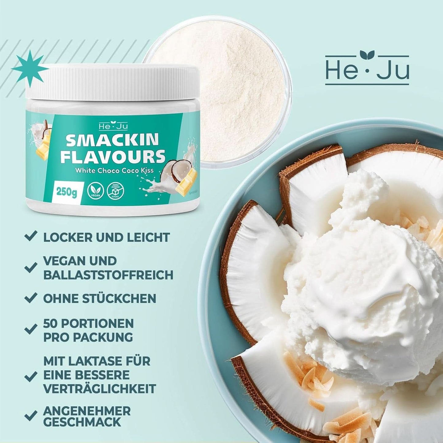 He-Ju, prášek s příchutí bílé čokolády a kokosu, 250 gramů Aromas Naty Shop