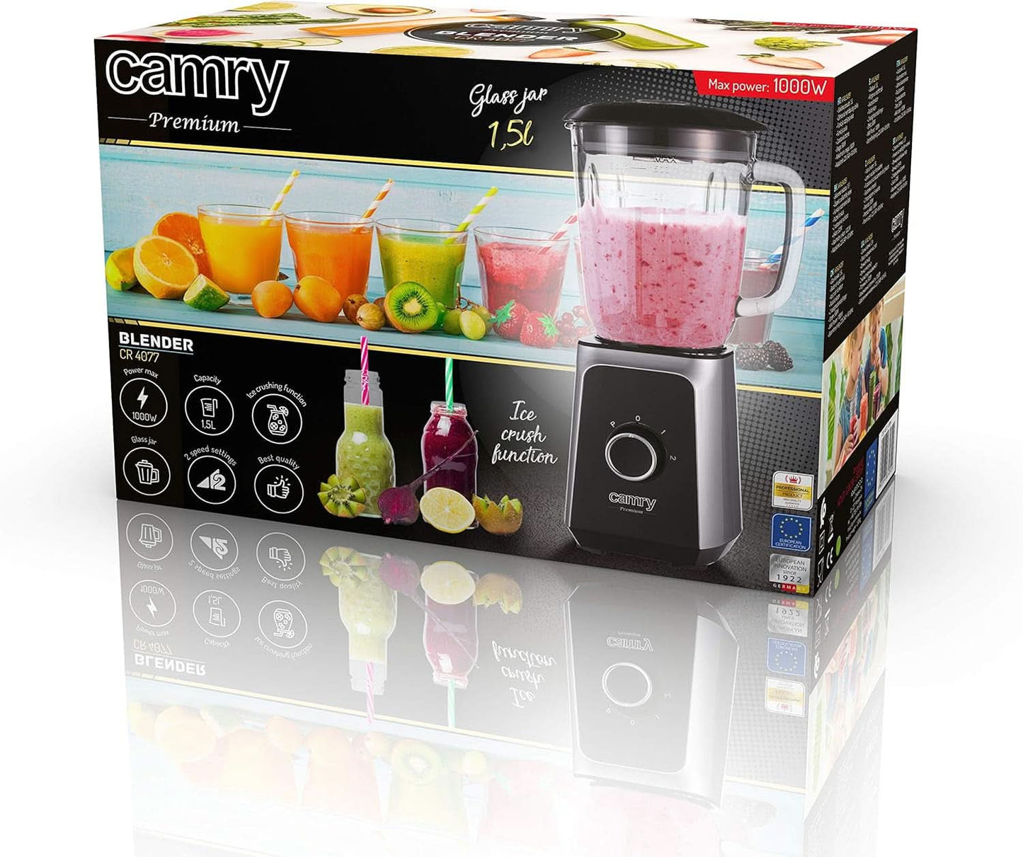 CR 4077 Standmixer Mit 1,5L Glasbehälter, Smoothie Maker, Hochleistungsmixer, Mahlung, Eis-Zerkleinerung, Pulsfunktion, Edelstahlklingen, 2 Geschwindigkeiten, 1000W, Schwarz/Silber Kitchen Naty Shop
