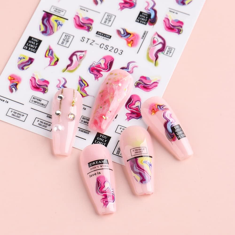 6 Blatt 3D Lila Schmetterling Samolepky na nehty Selbtklebend Nagelaufkleber Schmetterlinge Samolepky na nehty Bunte Blühen Marmor Nagel Stickers Regenbogen Welle Linien Nail Art Aufkleber Nageldesign Zubehör