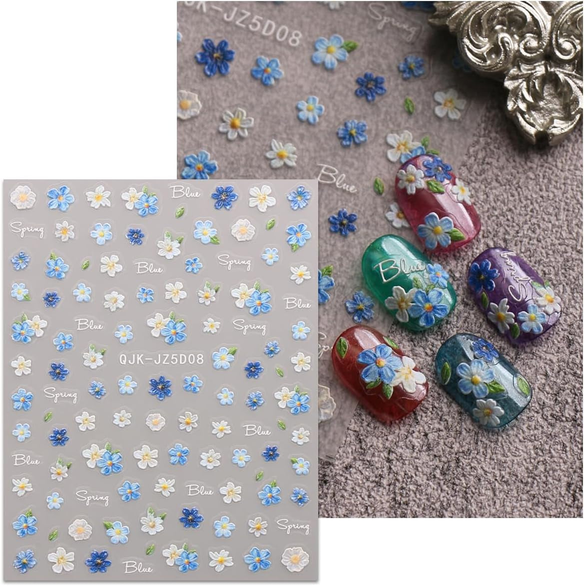 JMEOWIO 3D Nálepka na nehty Blumen Nálepka na nehty Selbstklebend Nagelaufkleber 5D Stereoskopické jarní letní Dekorace Blumen Nageldesign Zubehör 4 Blatt