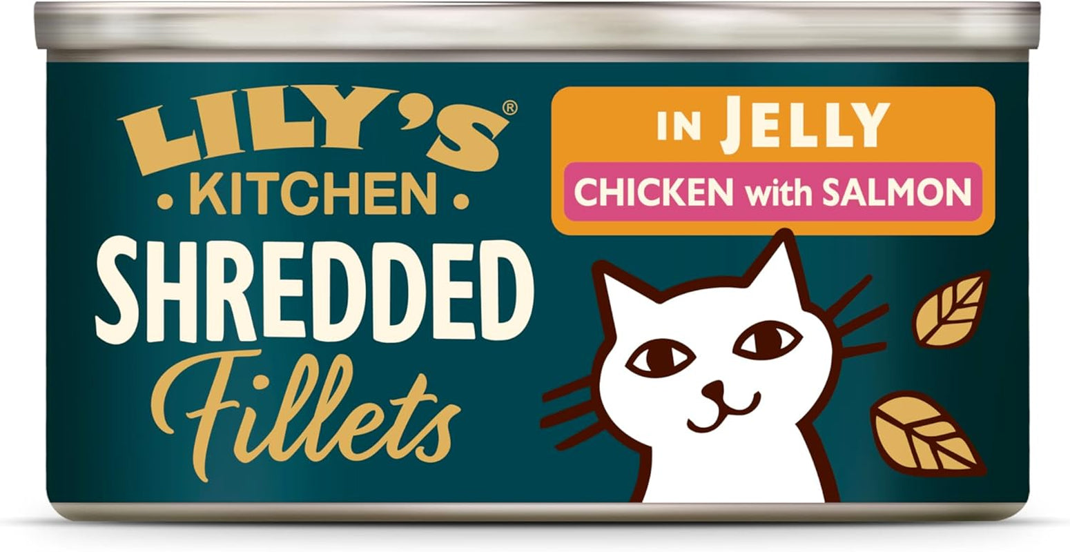 Lily's Kitchen Aus Naturichen Ingredience hermestellung Zerkleinerte Filets in Gelee mit Hühnchen und Lachs Ausgewachsen Nassfutter für Katzen 70 g Dose