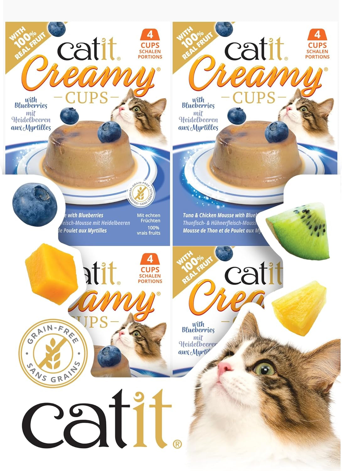 Krémové poháry Catit, tuňák a kuře s borůvkami, 4x25g