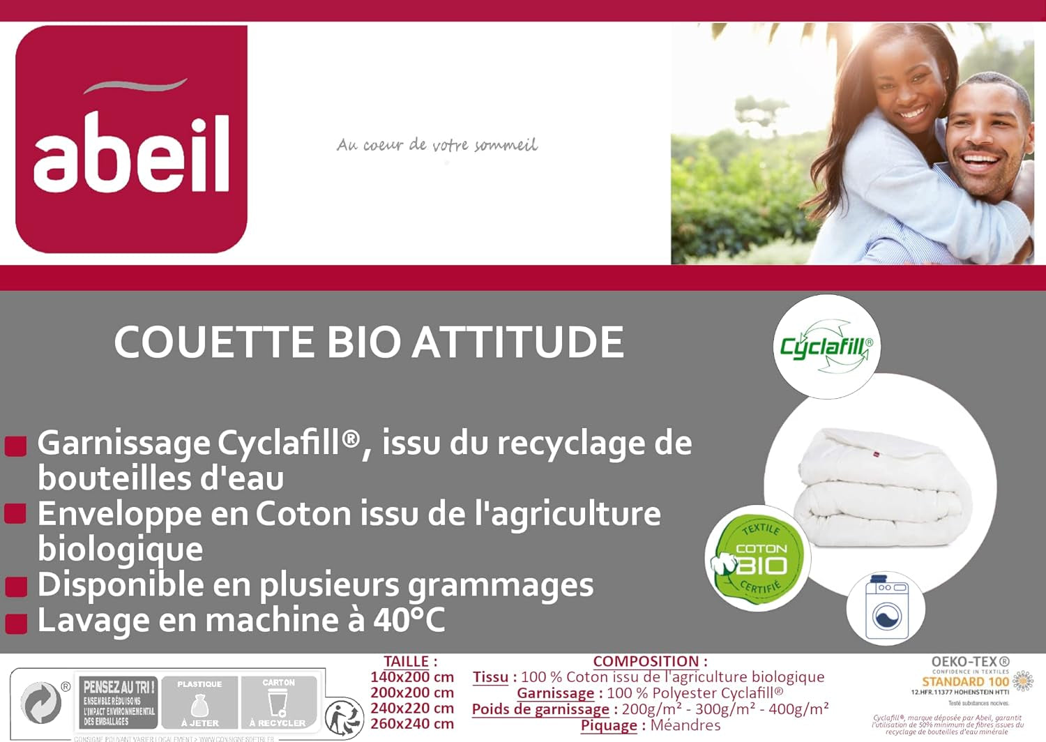 Abeil Couette Attitude Coton Légère 240 X 260 Cm Bio Quilt Attitude Lehká, bavlna, polyester, bílá Přikrývky a přikrývky Naty Shop