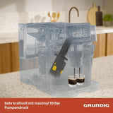 Plně automatický espresso kávovar GRUNDIG KVA 6230 s napěňovačem mléka, nerezový mlýnek s 13 nastaveními mletí, nádoba na kávová zrna 250 g, vyjímatelná nádrž na vodu 2 litry, tlak čerpadla 19 bar, dotykový displej, černá