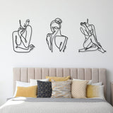 3 kusy Kovová minimalistická ženská stěna ve stylu art deco Moderní kovová abstraktní ženská nástěnná malba Ženské jednoduché čárové kresby k zavěšení do obývacího pokoje (černé, moderní) Sošky a sochy Naty Shop