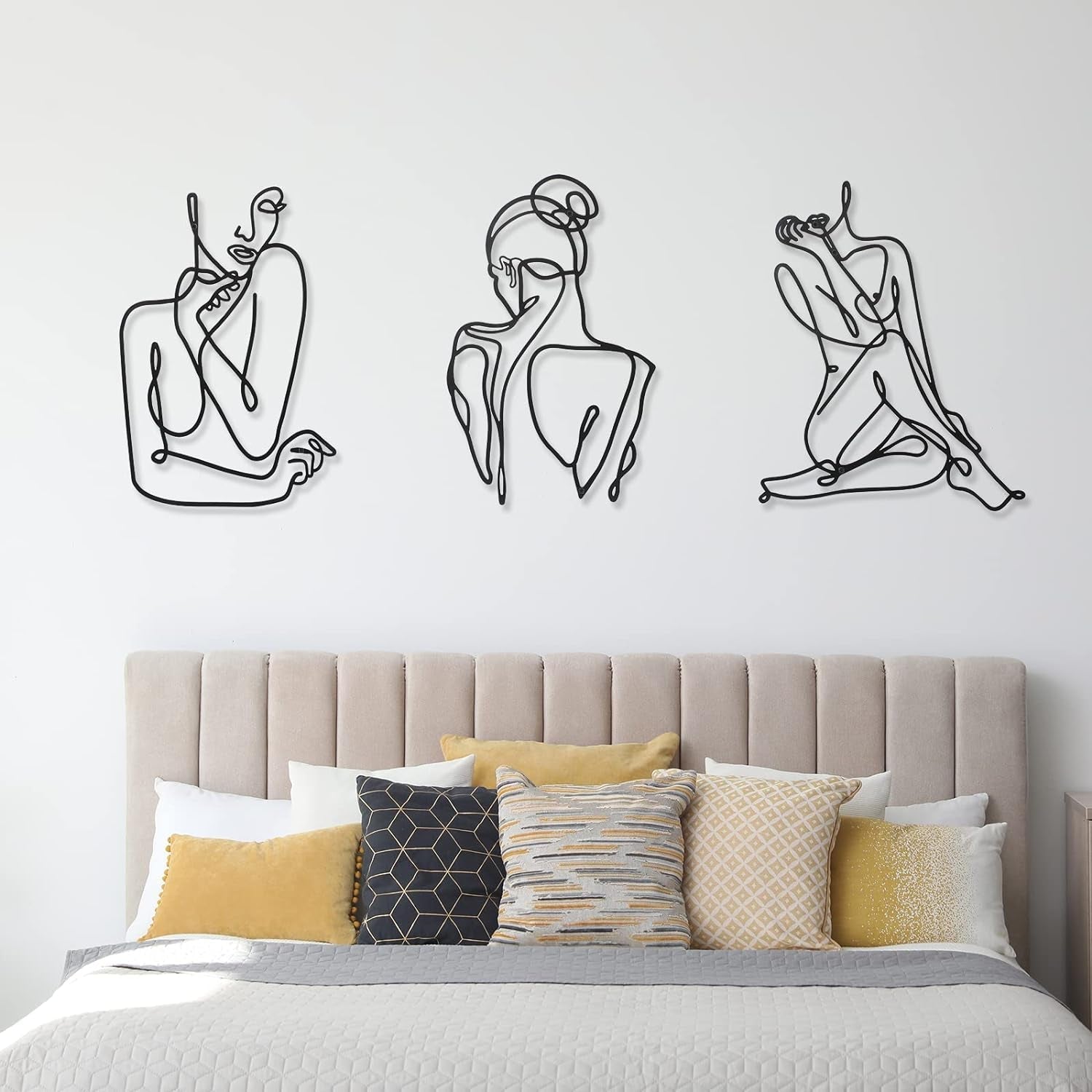 3 kusy Kovová minimalistická ženská stěna ve stylu art deco Moderní kovová abstraktní ženská nástěnná malba Ženské jednoduché čárové kresby k zavěšení do obývacího pokoje (černé, moderní) Sošky a sochy Naty Shop