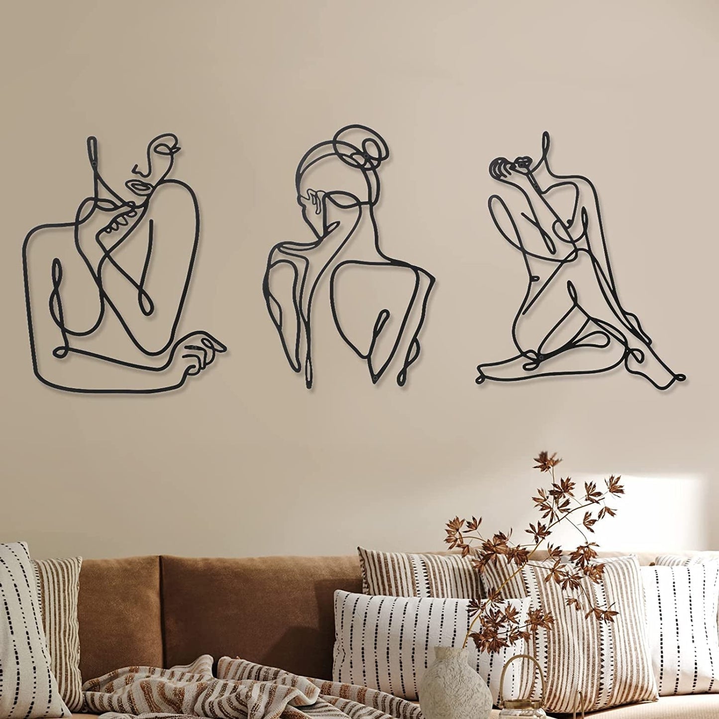 3 kusy Kovová minimalistická žena na zeď ve stylu art deco Moderní kovová abstraktní ženská nástěnná malba Ženské jednoduché čárové kresby k zavěšení do obývacího pokoje (černá, moderní) Sošky a sochy Naty Shop Černá Moderní