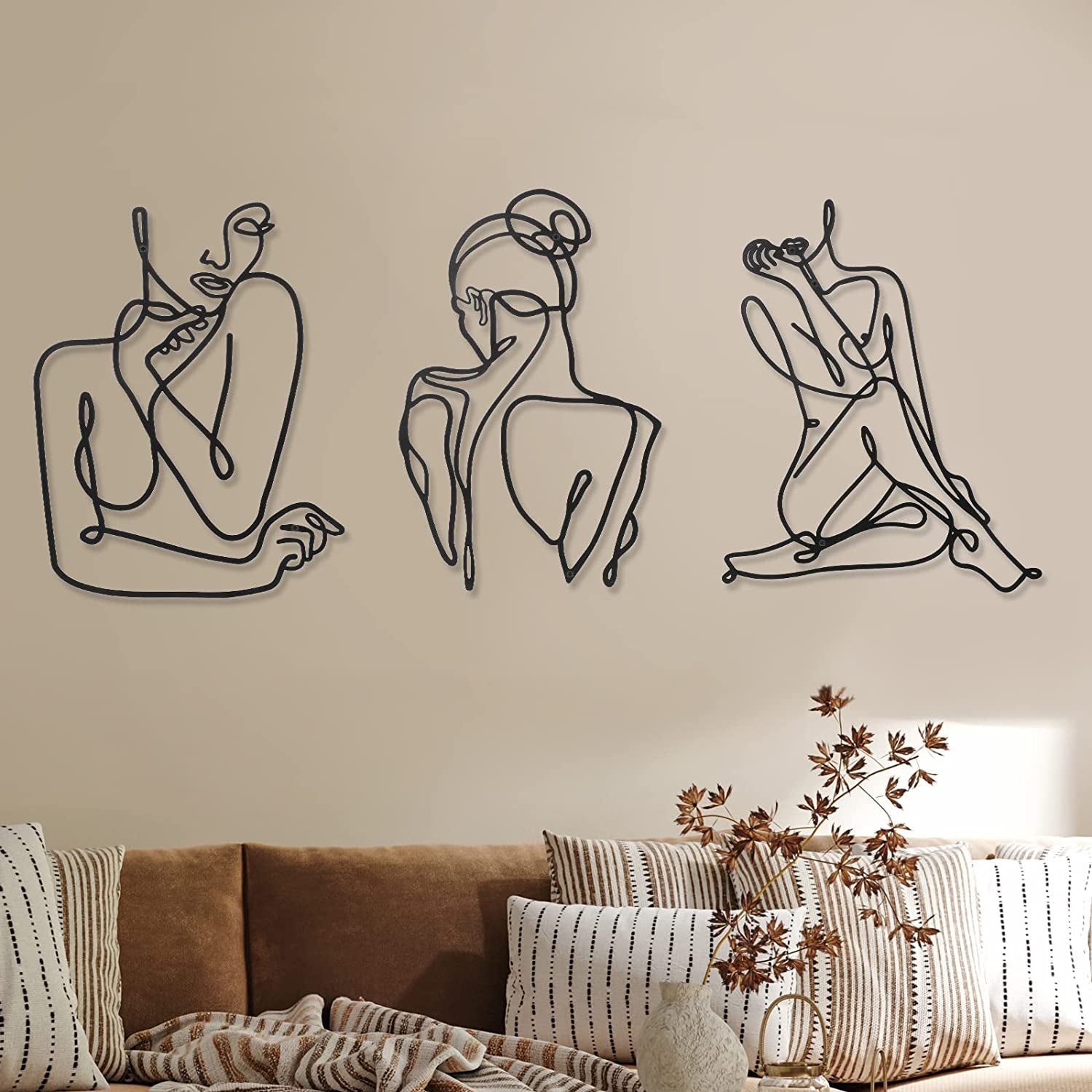 3 kusy Kovová minimalistická žena na zeď ve stylu art deco Moderní kovová abstraktní ženská nástěnná malba Ženské jednoduché čárové kresby k zavěšení do obývacího pokoje (černá, moderní) Sošky a sochy Naty Shop Černá Moderní