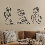 3 kusy Kovová minimalistická žena na zeď ve stylu art deco Moderní kovová abstraktní ženská nástěnná malba Ženské jednoduché čárové kresby k zavěšení do obývacího pokoje (černá, moderní) Sošky a sochy Naty Shop Černá 35L X 29B Cm