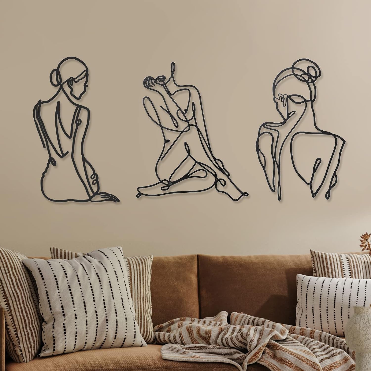 3 kusy Kovová minimalistická žena na zeď ve stylu art deco Moderní kovová abstraktní ženská nástěnná malba Ženské jednoduché čárové kresby k zavěšení do obývacího pokoje (černá, moderní) Sošky a sochy Naty Shop Černá 35L X 29B Cm