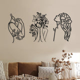 3 kusy Kovová minimalistická žena na zeď ve stylu art deco Moderní kovová abstraktní ženská nástěnná malba Ženské jednoduché čárové kresby k zavěšení do obývacího pokoje (černé, moderní) Sošky a sochy Naty Shop Elegant 35L X 25B Cm