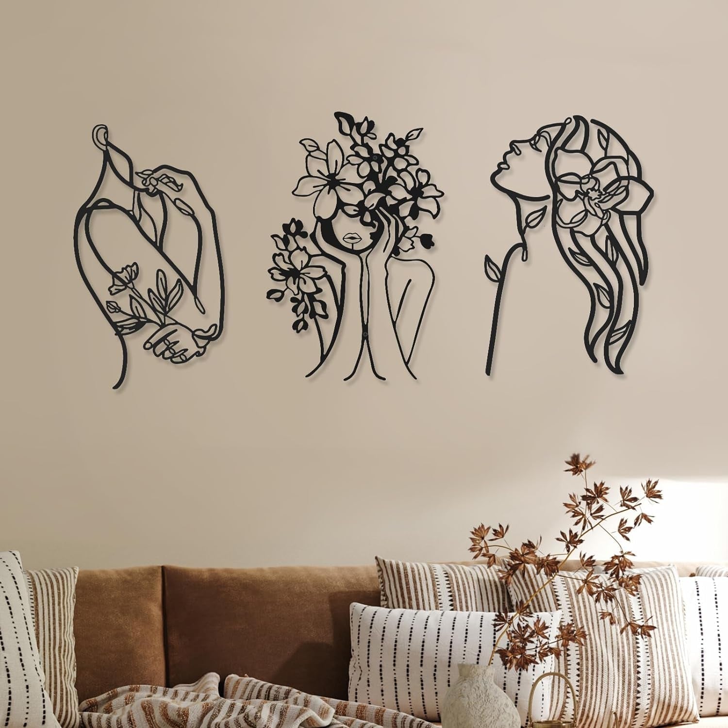3 kusy Kovová minimalistická žena na zeď ve stylu art deco Moderní kovová abstraktní ženská nástěnná malba Ženské jednoduché čárové kresby k zavěšení do obývacího pokoje (černé, moderní) Sošky a sochy Naty Shop Elegant 35L X 25B Cm