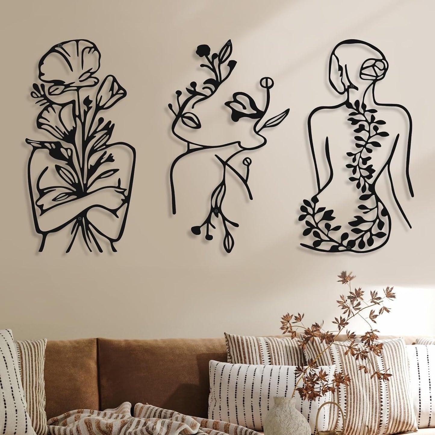 3 kusy Kovová minimalistická žena na zeď ve stylu art deco Moderní kovová abstraktní ženská nástěnná malba Ženské jednoduché čárové kresby k zavěšení do obývacího pokoje (černé, moderní) Sošky a sochy Naty Shop Black Plant