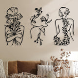 3 kusy Kovová minimalistická žena na zeď ve stylu art deco Moderní kovová abstraktní ženská nástěnná malba Ženské jednoduché čárové kresby k zavěšení do obývacího pokoje (černé, moderní) Sošky a sochy Naty Shop Black Plant