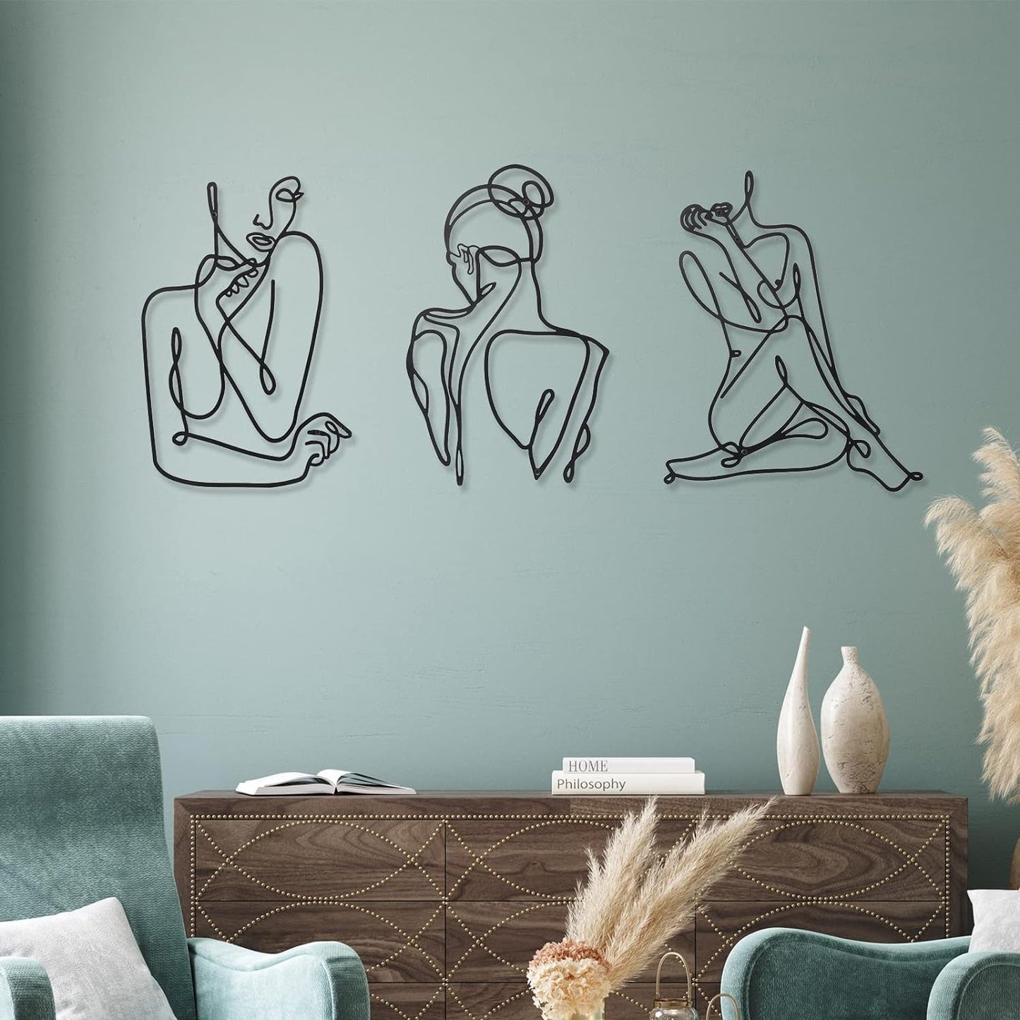 3 kusy Kovová minimalistická ženská stěna ve stylu art deco Moderní kovová abstraktní ženská nástěnná malba Ženské jednoduché čárové kresby k zavěšení do obývacího pokoje (černé, moderní) Sošky a sochy Naty Shop