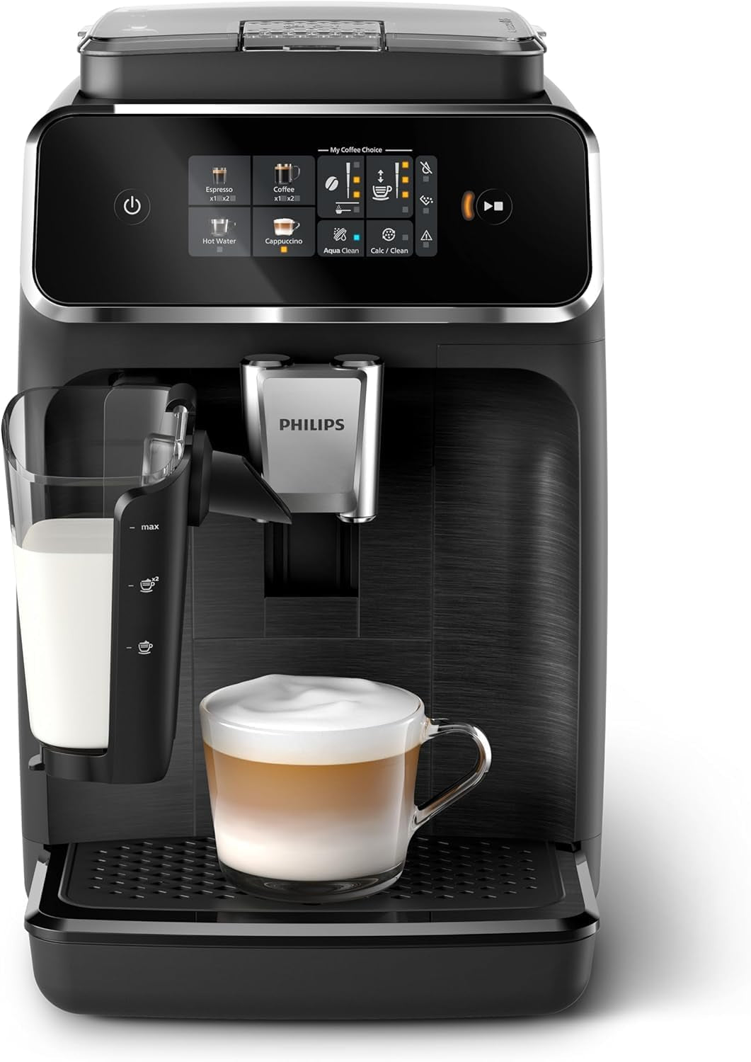 Automatický espresso kávovar PHILIPS řady 2300 - 4 nápoje, moderní barevný dotykový displej, systém přípravy mléka LatteGo, SilentBrew, 100% keramický mlýnek, filtr AquaClean. Matná černá (EP2330/10)