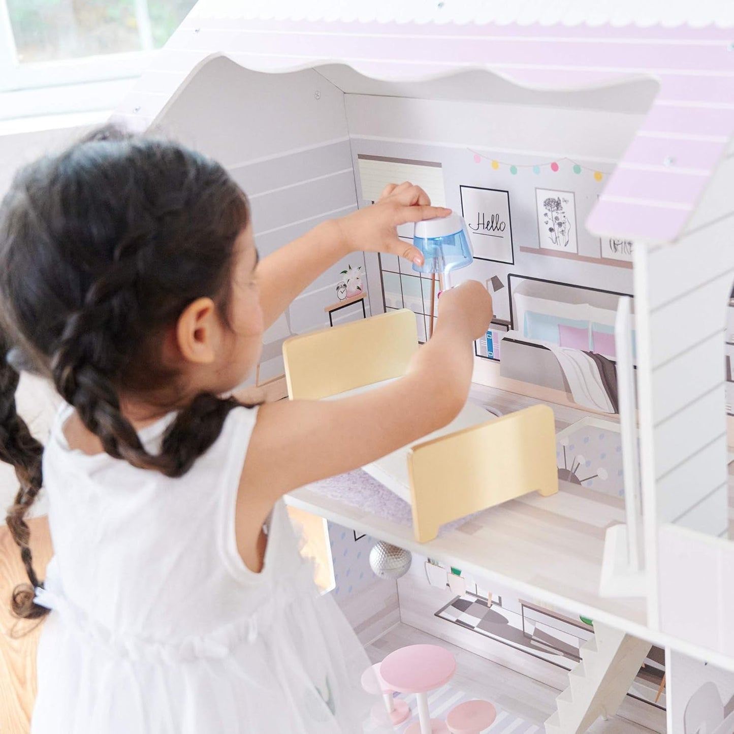 Obří domeček pro panenky Teamson Kids Olivia's Little World se 16 doplňky pro panenky, dřevěný domeček pro panenky s nábytkem, 3patrový, 30 cm domeček pro panenky pro děti, věk 3+