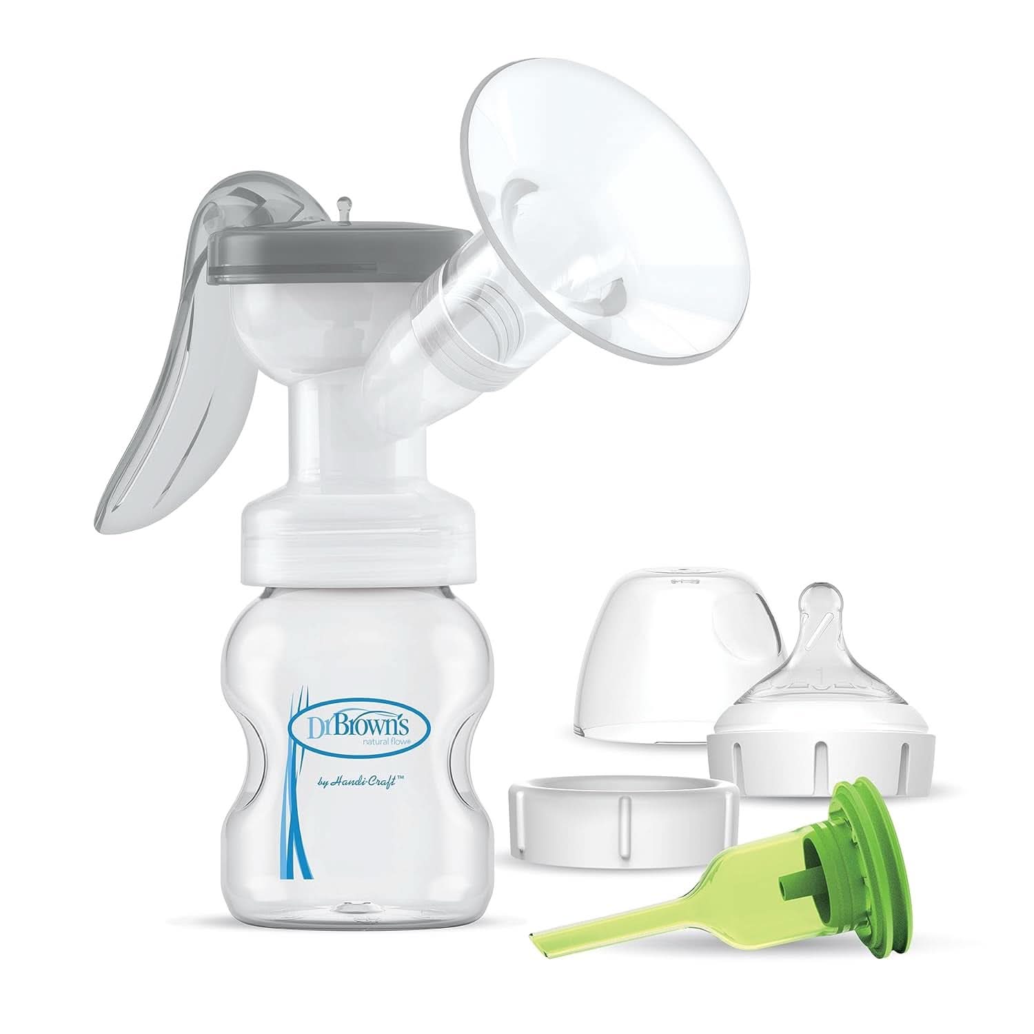 Manuální odsávačka mateřského mléka se 100% silikonovou ochranou Softshape (B, 25mm příruba) a antikolikovými doplňky + 150ml širokoúhlá láhev se savičkou úrovně 1 s pomalým průtokem Příslušenství Potraviny a kojení Bebe Naty Shop