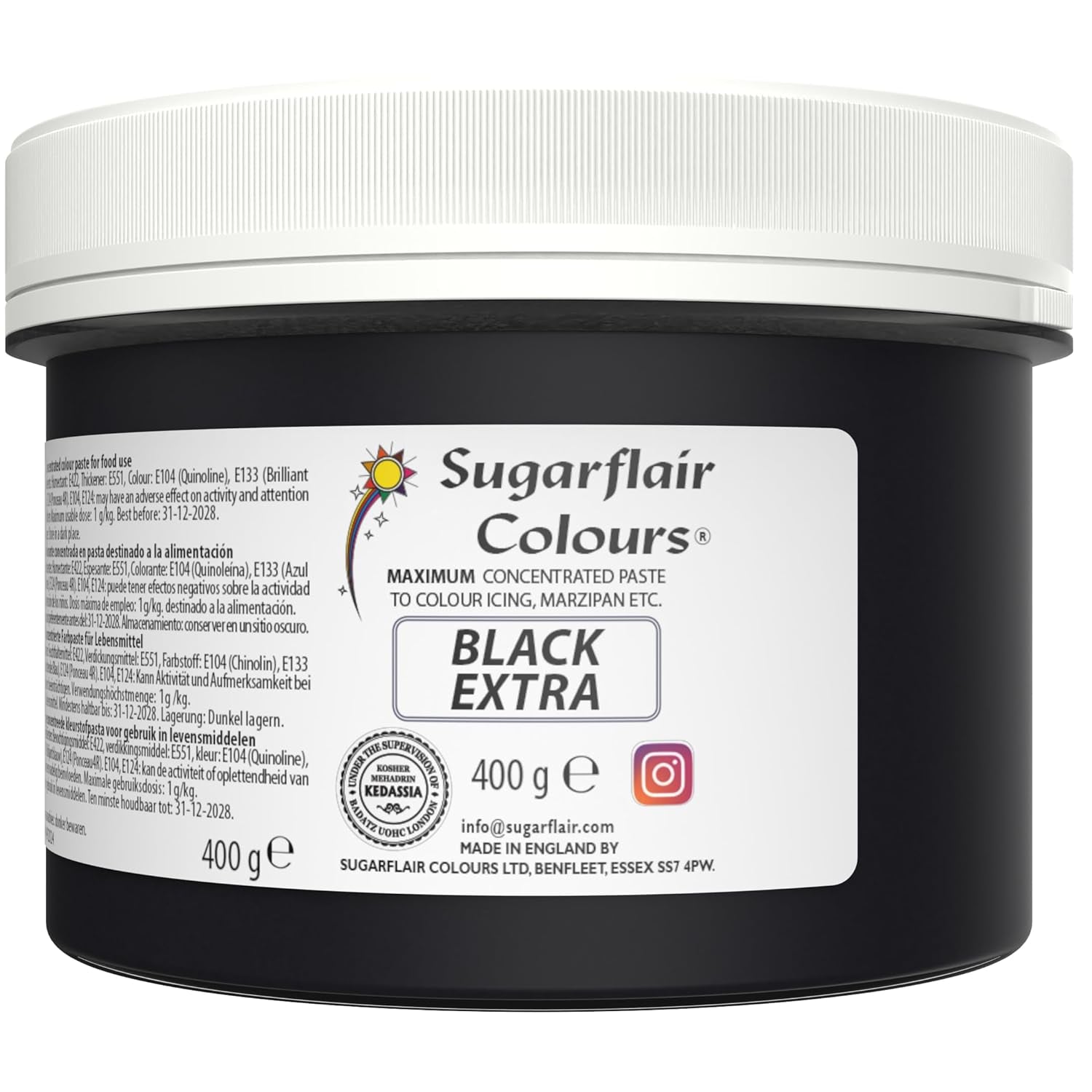 Potravinářské barvivo Sugarflair Max Concentrated Black, vysoce koncentrované potravinářské barvivo na marcipán a fondán, pastové barvivo Max Concentrate - 400 g