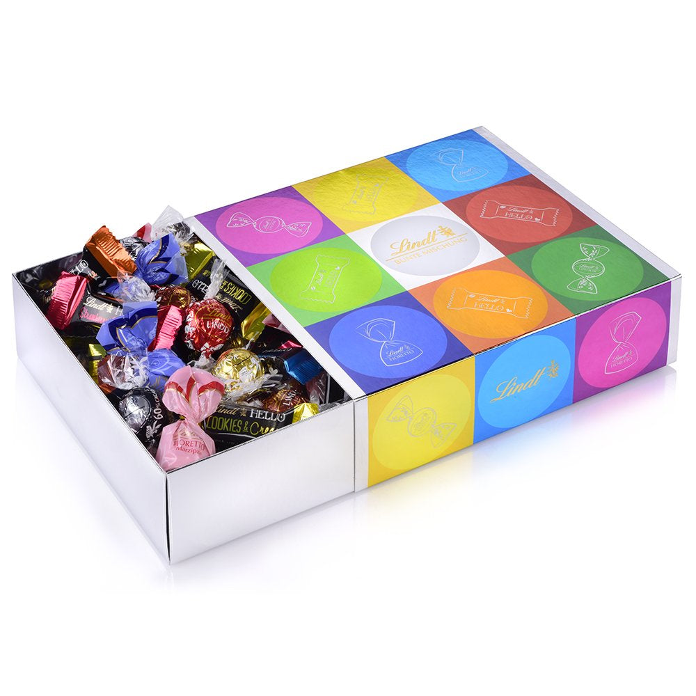 Čokoládový sortiment (37 kuliček LINDOR, 24 Hello Mini tyčinek, 10 Mini Fioretto), čokoládový dárek (1 x 815 g) a HELLO Mini Emoti, mléčná čokoláda v 5 designech emotikonů, 164 g