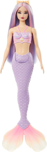 Panenka Barbie Mořská víla s růžovými a šeříkovými efektními vlasy a čelenkou, Shell Top panenka s levandulově modrou ocasní ploutví, HRR06 Naty Shop Dolls Mořská víla s levandulově modrou ocasní ploutví