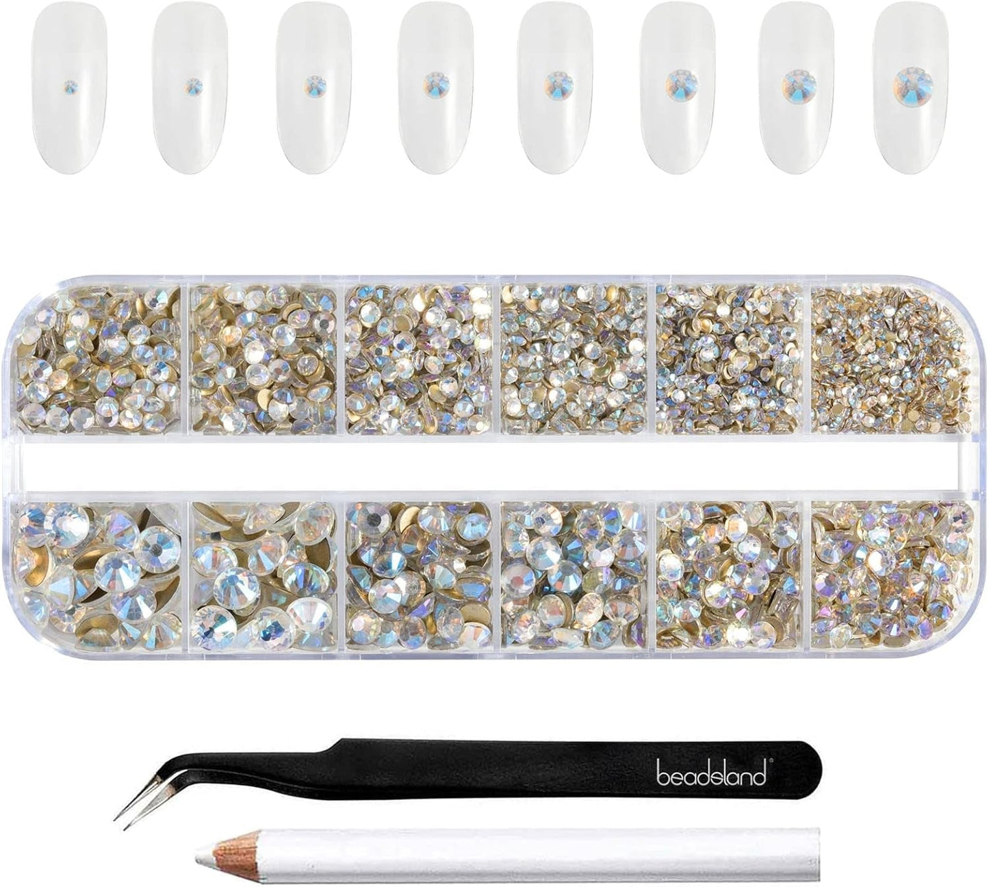 Beadsland 2500 ks Glas Nailart Strasssteine ​​​​Kristall Flatback Edelsteine ​​Runde, ​​Für Handwerk Gemischt 8 Größen SS4 ~ SS30 Mit Picking Pinzette Und Stift (Kristall Weiss)