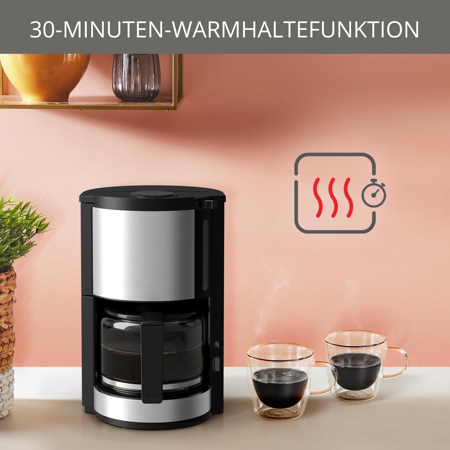 Espresso kávovar Krups KM3210 Pro Aroma Plus, 10 šálků, 1,25 l, udržování teploty po dobu 30 minut, viditelné okénko hladiny vody, systém proti odkapávání, černý s nerezovými aplikacemi