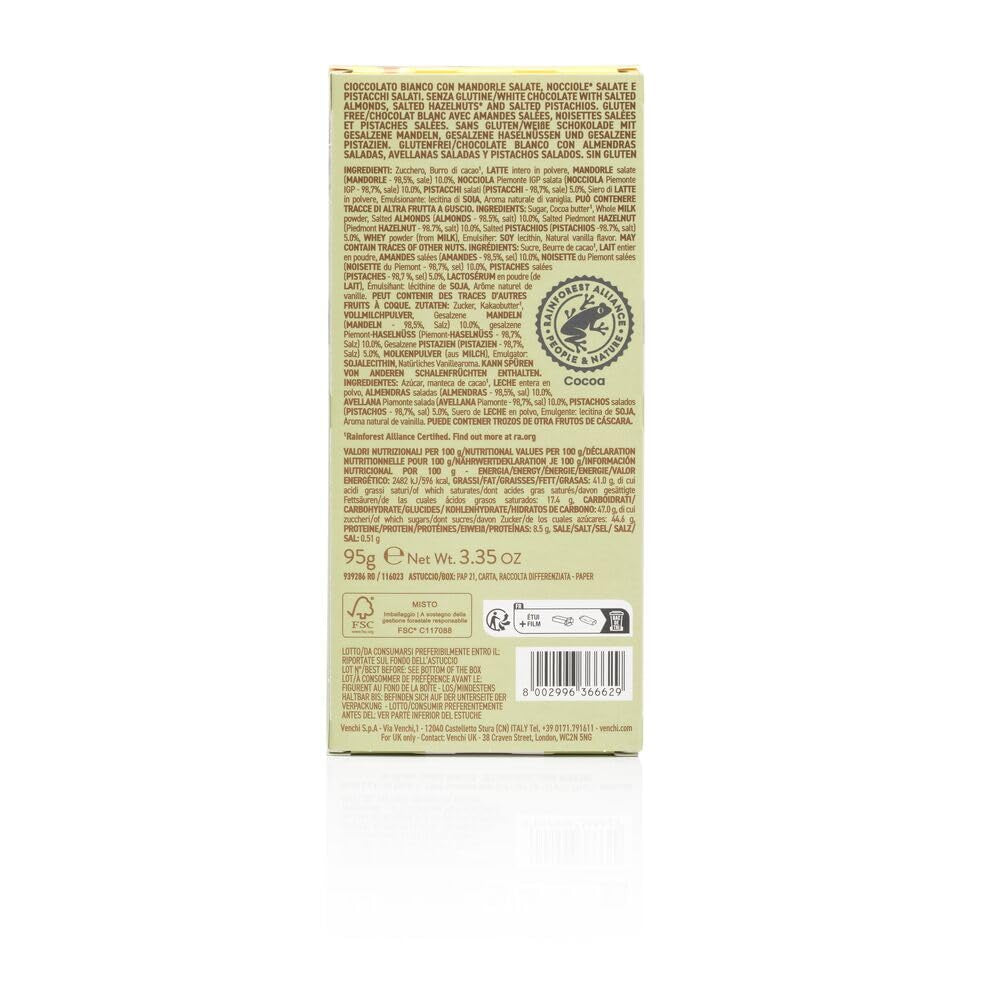 Venchi - Tyčinka z lískových oříšků, solené lískové ořechy, mandle a pistácie, 95 g, s "Piemontskými lískovými oříšky", bez lepku, bez umělých barviv a bez konzervantů
