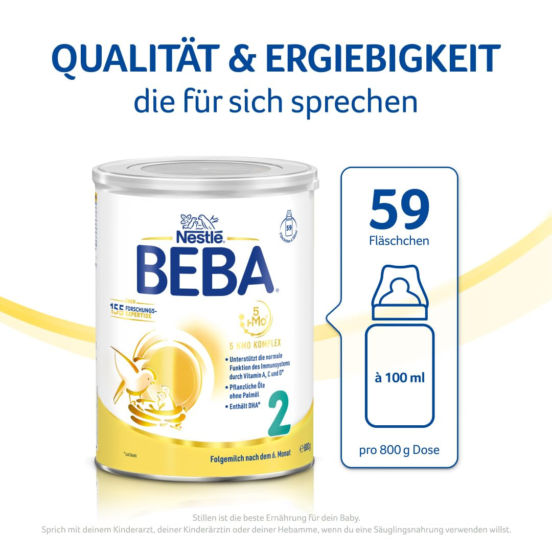 BEBA 2 - Pokračovací mléko po 6 měsících, s 5 HMO komplexem, obsah bílkovin odpovídající věku, bez laktózy, bez palmového tuku, bez rybího tuku, dětská výživa, sušené dětské mléko, balení 3 ks (3 x 800 g)