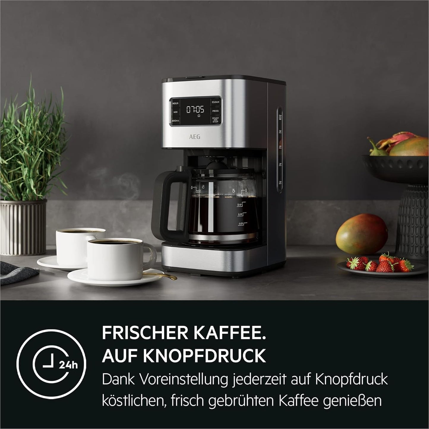 Espresso AEG Deli 5, 1,5 l, programovatelný časovač, funkce udržování teploty, bezpečnostní zastavení, ukazatel hladiny vody, optimální dávkování, funkce proti odkapávání, nerez, CM5-1-6ST