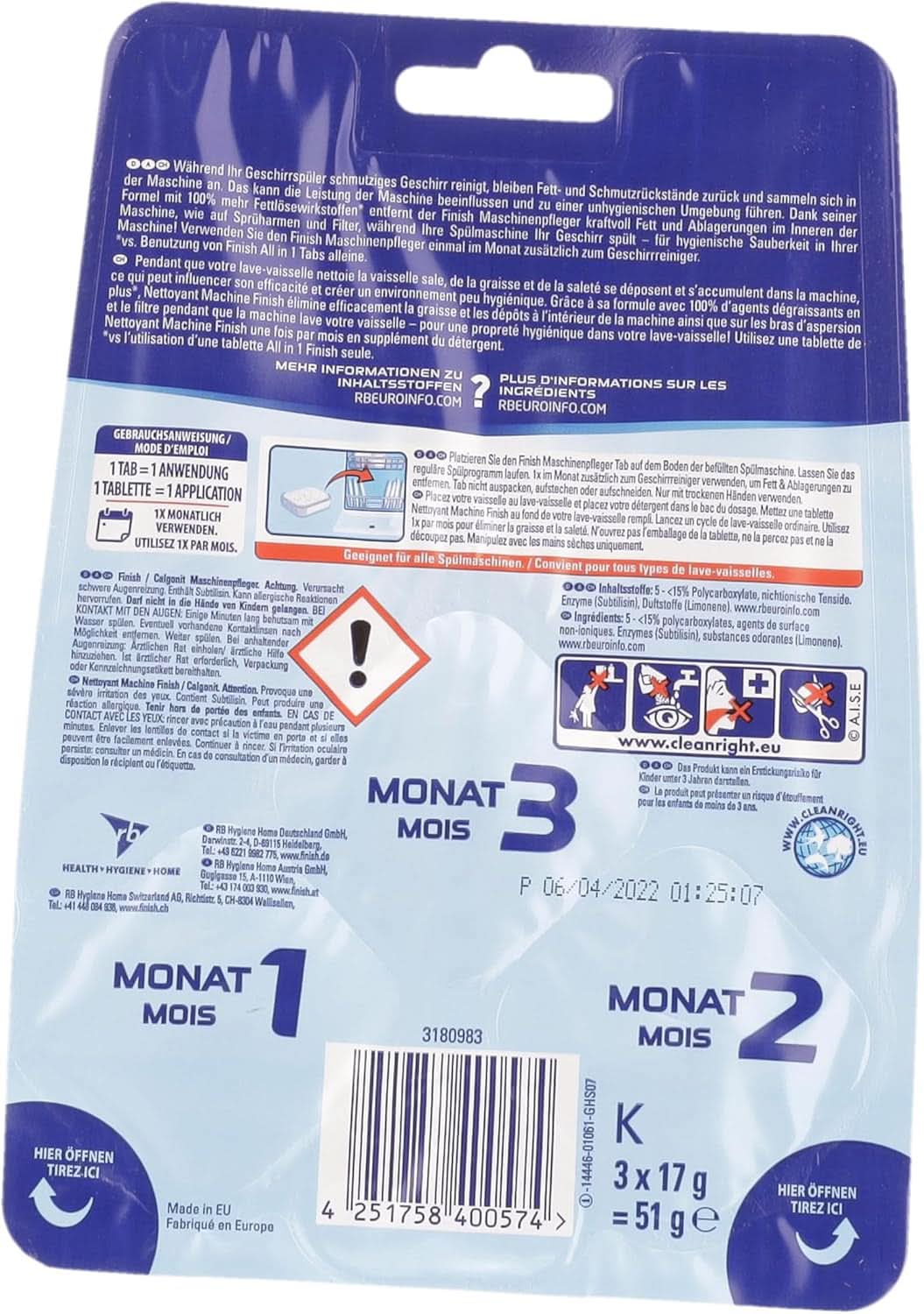 Finish Machine Cleaner Tabs - Tablety do myčky nádobí proti nečistotám a mastnotě uvnitř myčky, 3 tablety Naty Shop