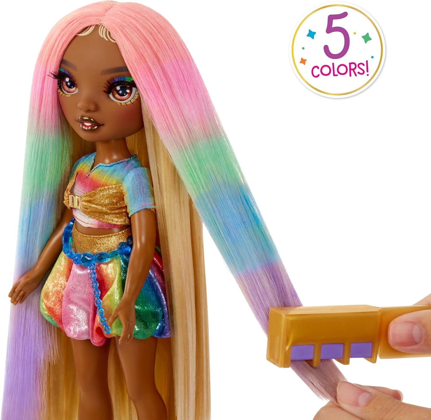 Panenka Rainbow High Hair Chalk & Styling - Meline - 28 cm duhová a zlatá omyvatelná křídová panenka do vlasů, barvení, styling, hraní, opláchnutí a opakování, pro děti ve věku 4-12 let