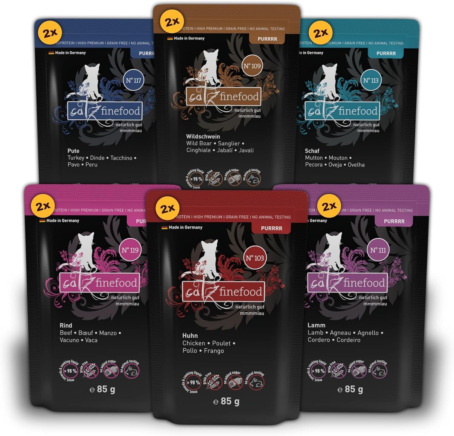 Catz Finefood Purrrr Collection I – Monoproteinové mokré krmivo pro kočky – bez obilovin, bez cukru, hypoalergenní – s vysokým obsahem masa – vícenásobné mokré krmivo pro kočky – v sáčcích, 85 g (12 balení)