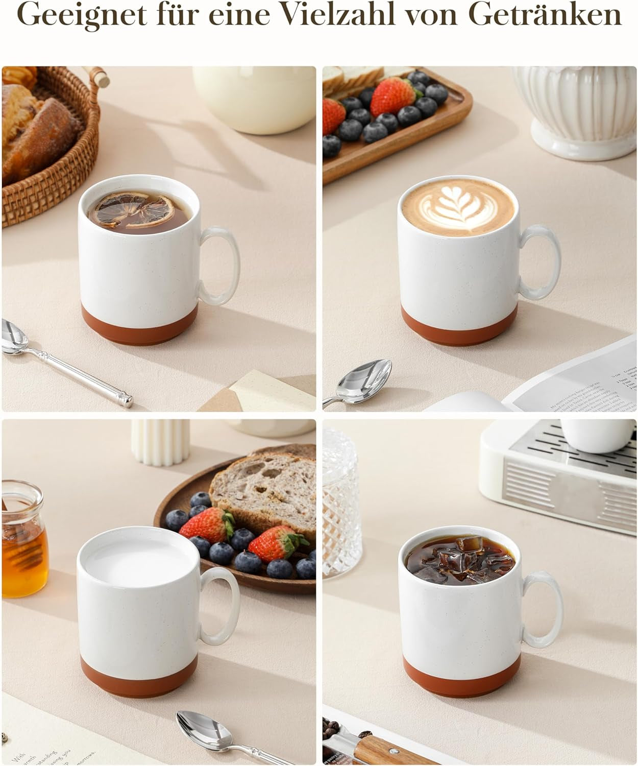 Sada hrnků na kávu MALACASA, sada hrnků z kameniny 350ml pro 4 osoby, moderní hrnky na kávu na čaj, džus, latte, cappuccino, horkou čokoládu. Vhodné do myčky a mikrovlnné trouby, série TARA, khaki bílá