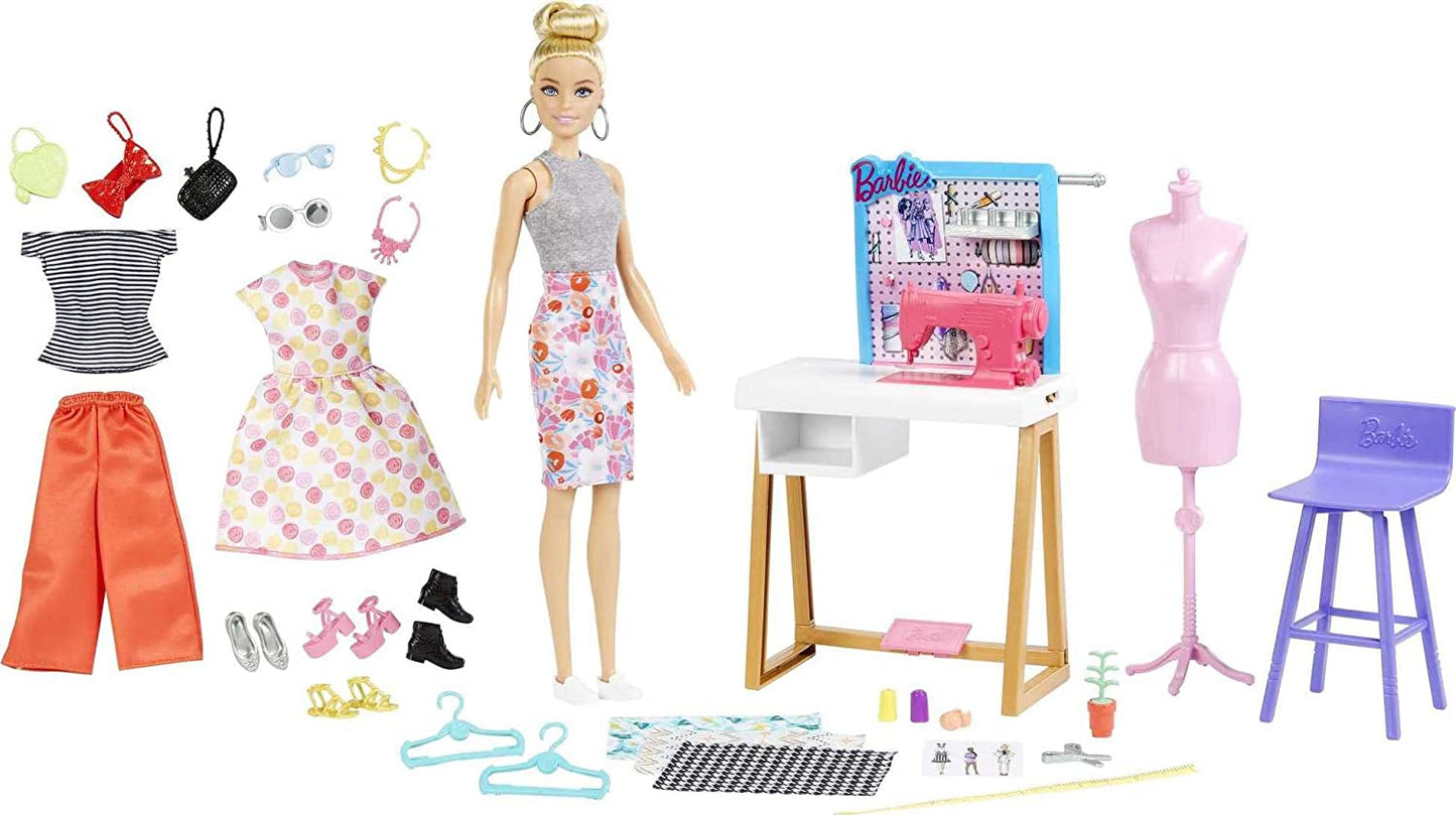 Barbie HDY90 - Panenka módního návrháře (30,40 cm) a studio, 25+ designových a módních doplňků, designový stůl, židle, šicí stroj, model látky, manekýn a další, hračky od 3 let Naty Shop Dolls Výchozí název