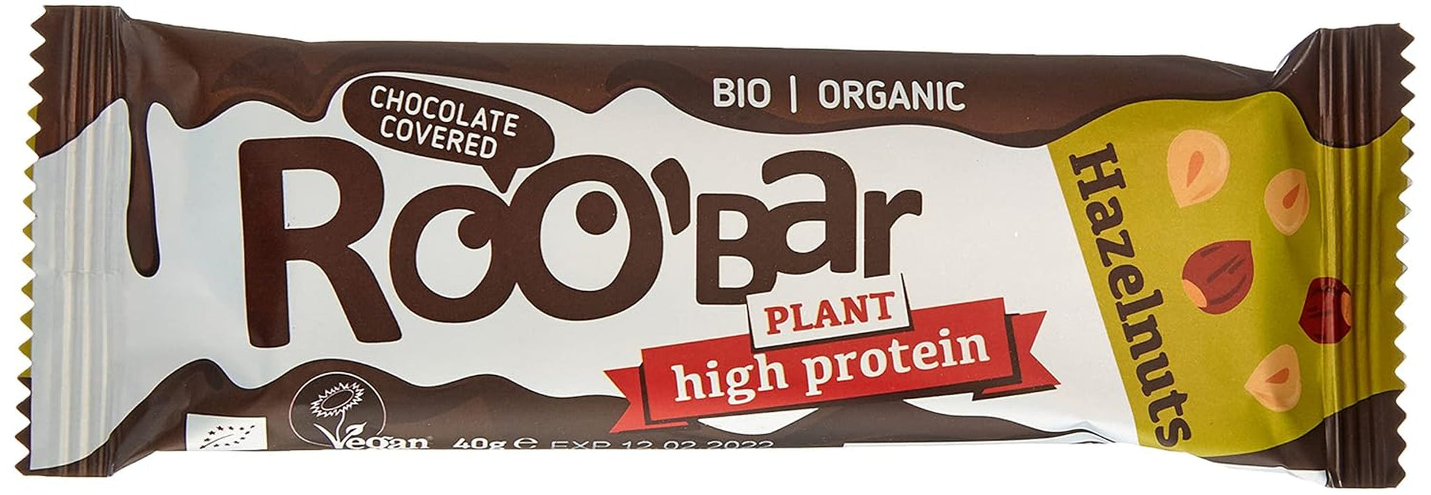 Tyčinky z lískových oříšků s vysokým obsahem bílkovin v čokoládě – 100% bio, veganské, ovocné tyčinky, bez mléka, bez lepku, bez rafinovaného cukru – 16 tyčinek x 40 g