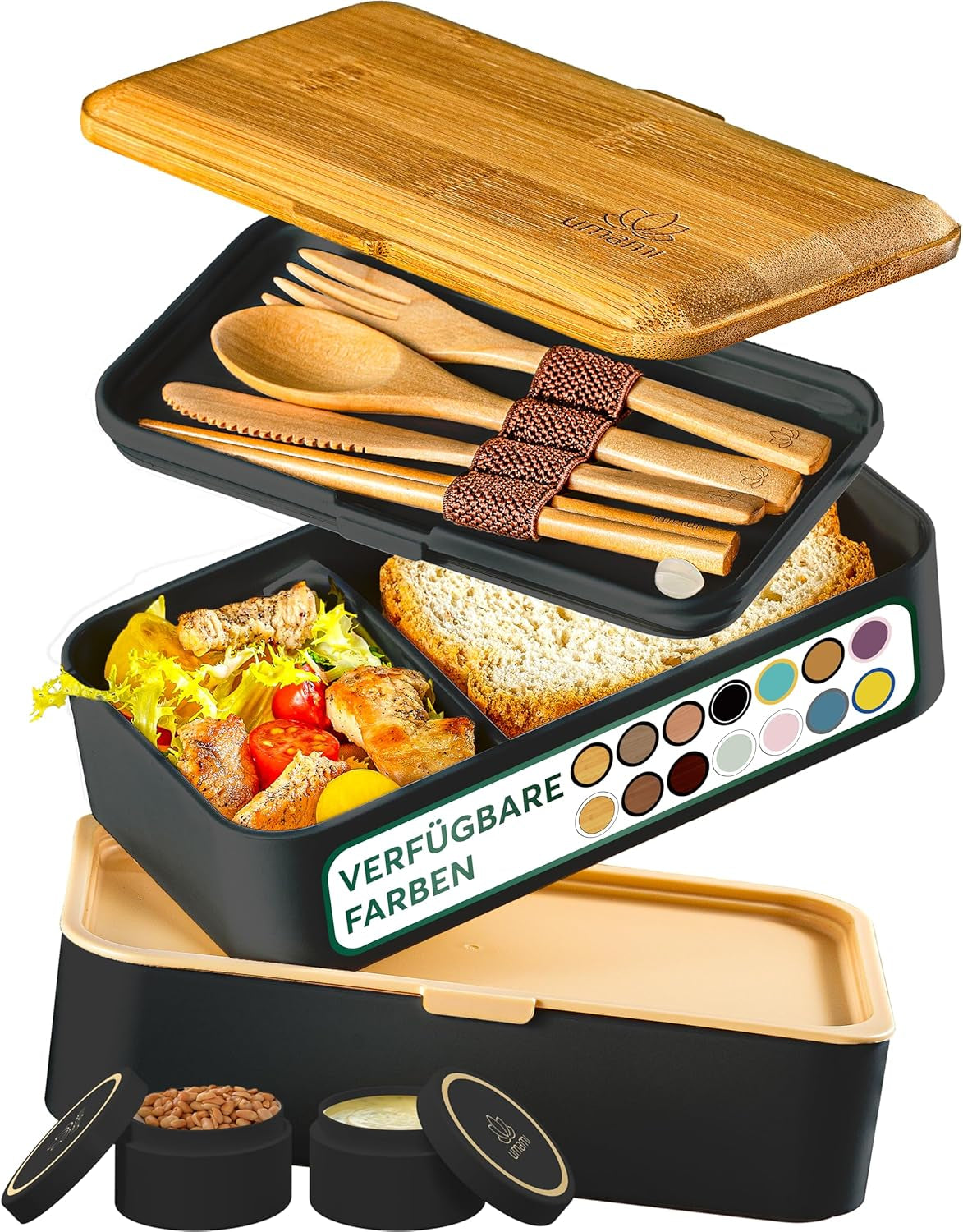 Box na oběd Umami pro dospělé, stohovací Bento Box se 4 příbory a přihrádkami, Box na oběd pro dospělé, Zásobník na salát, Piknikový / Kancelářský box na oběd, Uhlově šedá, 1500 ml Naty Shop Box na uskladnění potravin Black Tan L - 1200 ml