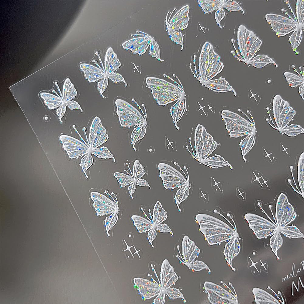 Aurora Muschel Schmetterling Samolepka na nehty Weiß Schmetterlinge Samolepka na nehty Gelee Relief Butterfly Nagelaufkleber Y2K Butterflies Nagel Sticker Nägel Nageldesign Nagel Zubehör Samolepky na nehty Nailart