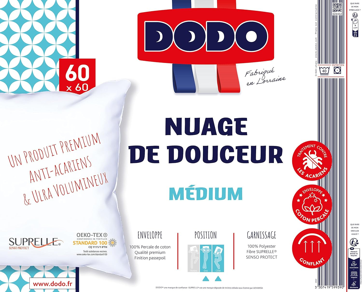DODO Premium Polštář, 60 X 60 Cm, Střední komfort, Polštář Cloud De Douceur | Odolný proti roztočům a nadýchaný | Perkálová bavlna + podšívka Lze prát v pračce na 40 °C standardní polštáře Naty Shop