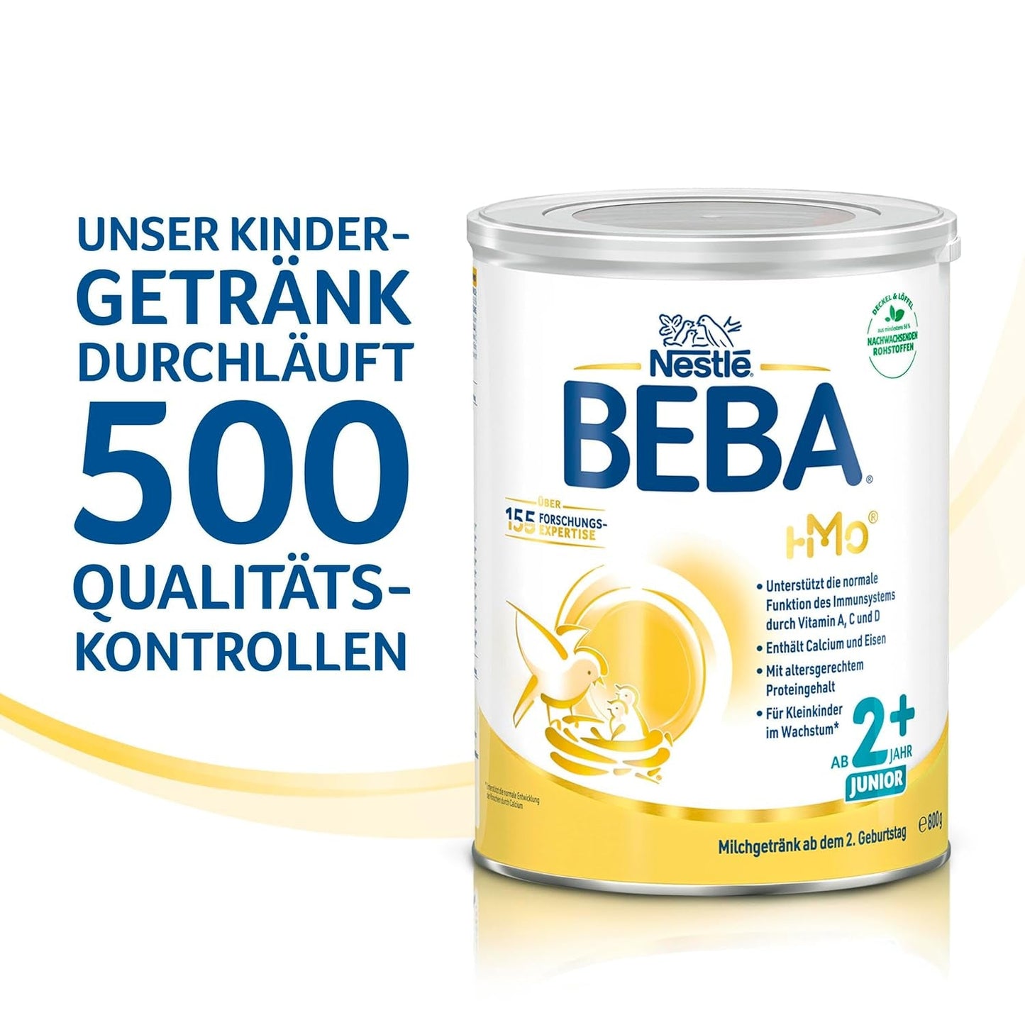 BEBA Junior 2+ mléčný nápoj od 2 let, S HMO, Obsah bílkovin odpovídající věku, Pouze laktóza, Bez palmového oleje, Bez rybího tuku, Výživa pro batolata, Sušené dětské mléko, Balení 6 ks (6 x 800 g)