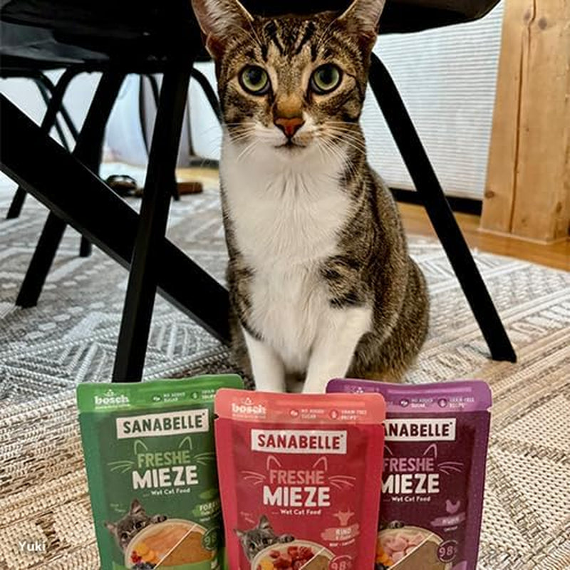 Sanabelle Freshe Mieze - Mixtray | 10 x 100g Mixpack | 4 lahodné druhy krmiva pro kočky k vyzkoušení | Mokré krmivo pro kočky v páře, stejně jako čerstvě uvařené