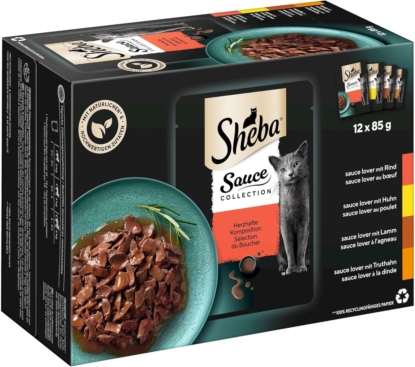 Sheba Sauce Collection Mokré krmivo pro kočky, porcované sáčky, slané multibalení, 4x12x85g