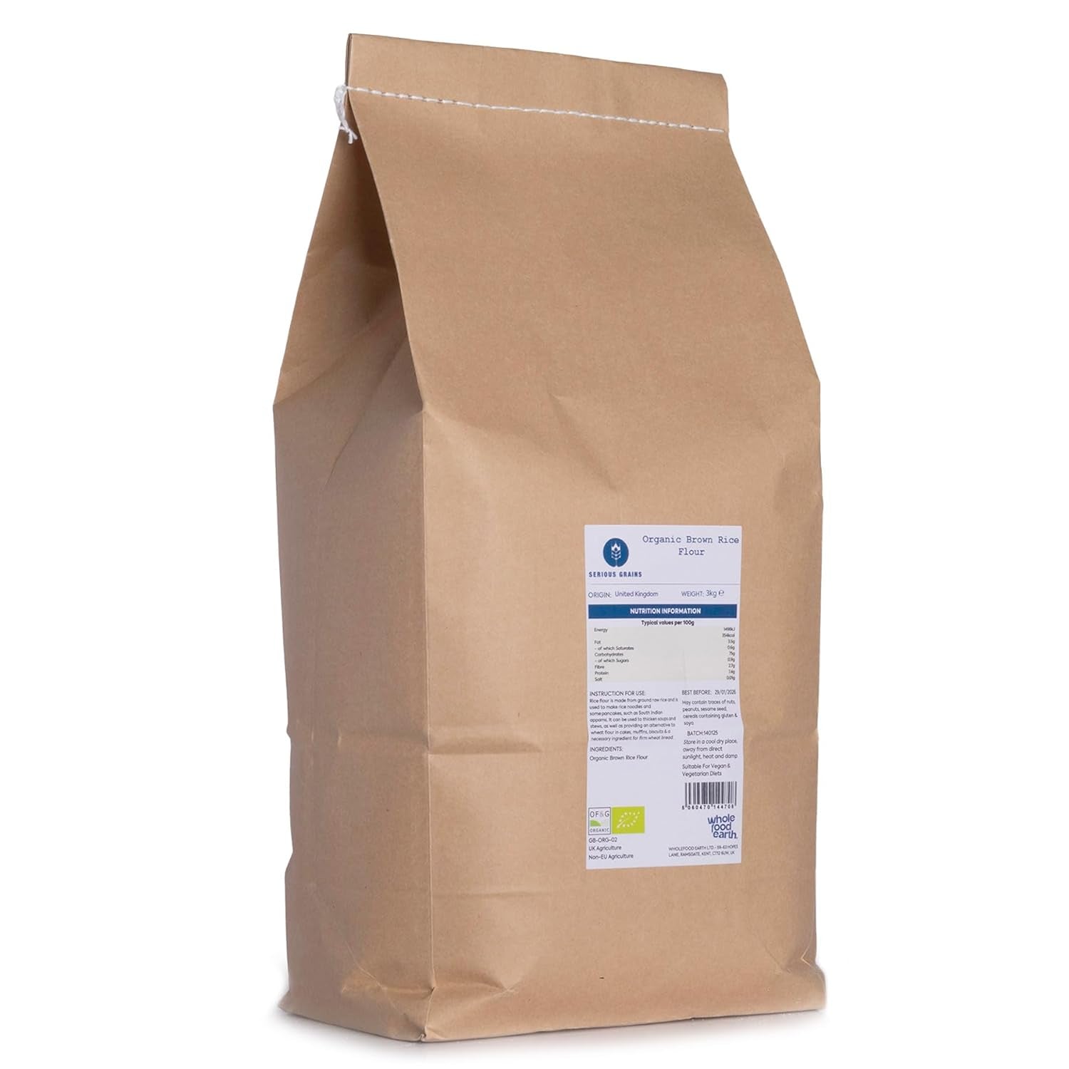 Wholefood Earth BIO hnědá rýžová mouka – 3 kg | Kamenná půda | Bez GMO | Certifikované organické