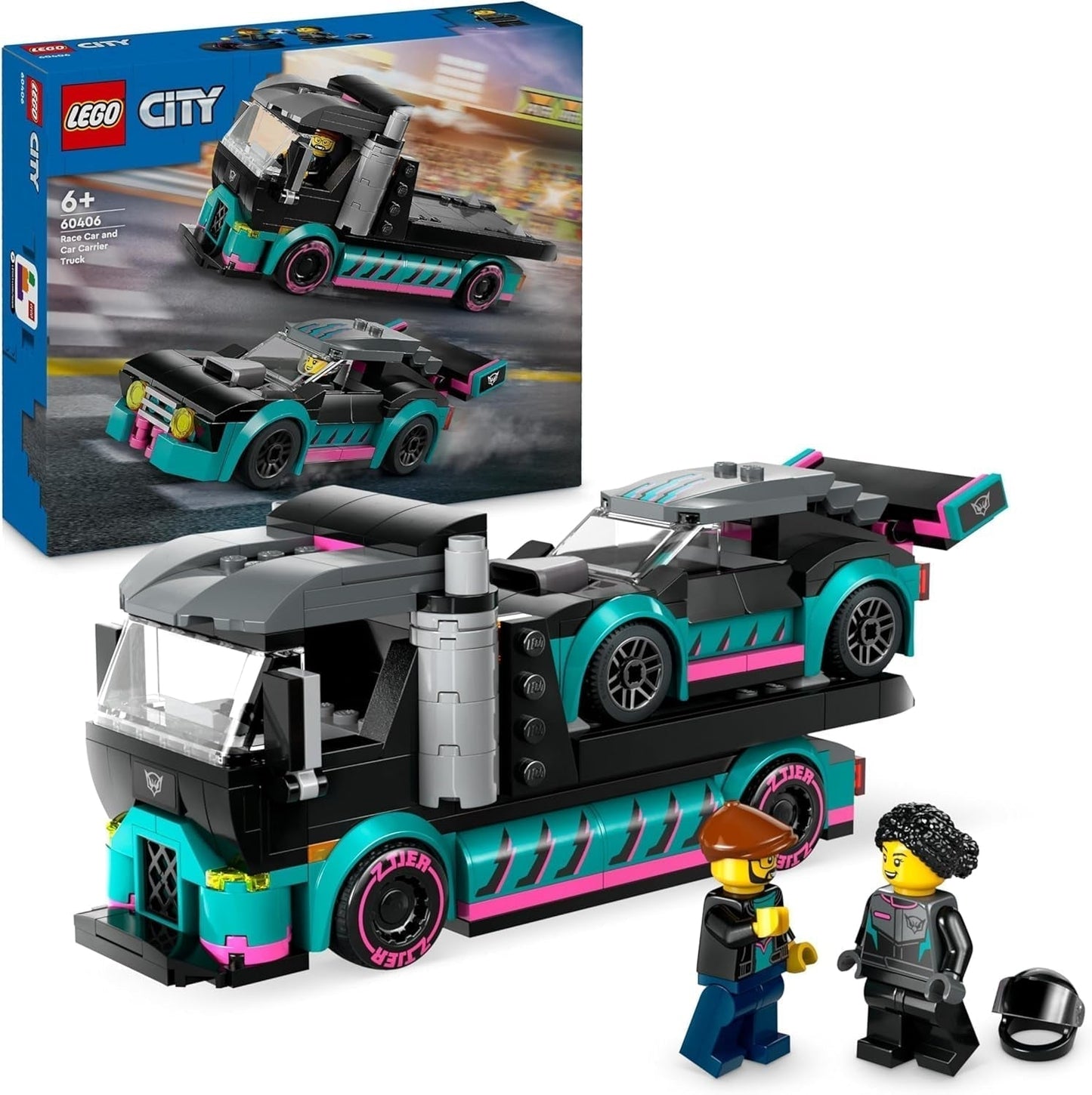 LEGO City Car Transporter se závodním autem, náklaďákem s nastavitelnou nakládací rampou a závodním autem, stavebnice se 2 minifigurkami, závodním jezdcem a řidičem kamionu, pro děti od 6 let 60406 Stavebnice Besuche den LEGO-Store Single