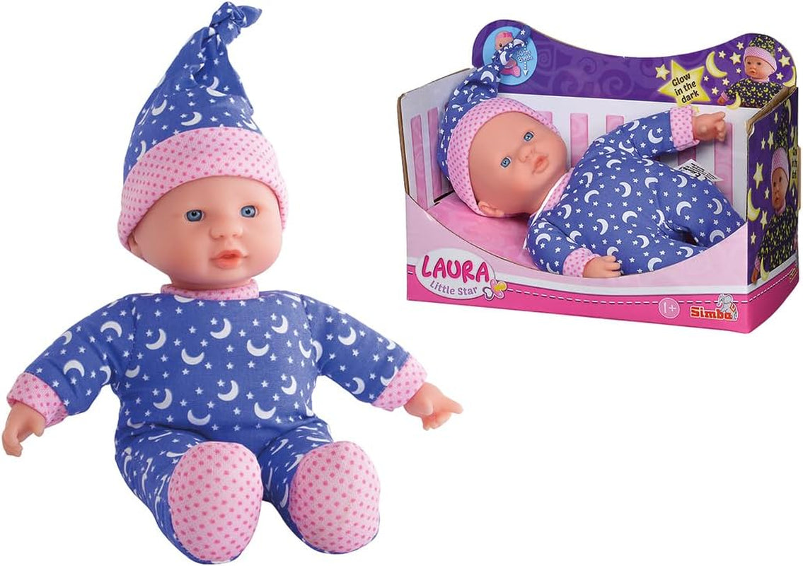 Simba 105010010 - Panenka Laura Little Star Soft Body ve sladkých šatech a klobouku s třpytivými měsíci a hvězdami Panenka 20 cm Zářící ve tmě na 12 měsíců + Modré panenky Naty Shop