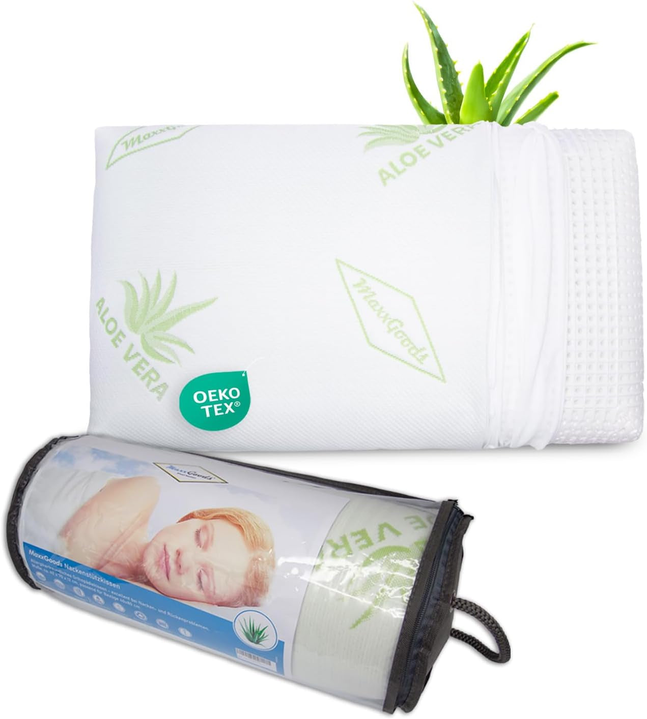 Maxxgoods Ortopedický polštář Visco Gel Foam Polštář na podporu krku s ochranným potahem z Aloe Vera a vnitřním potahem ze 100% bavlny – Polštář pro žaludek, záda a postranní spáče (42 cm X 70 cm X 12 cm) Naty Shop Krční ortopedické polštáře 412 X 70