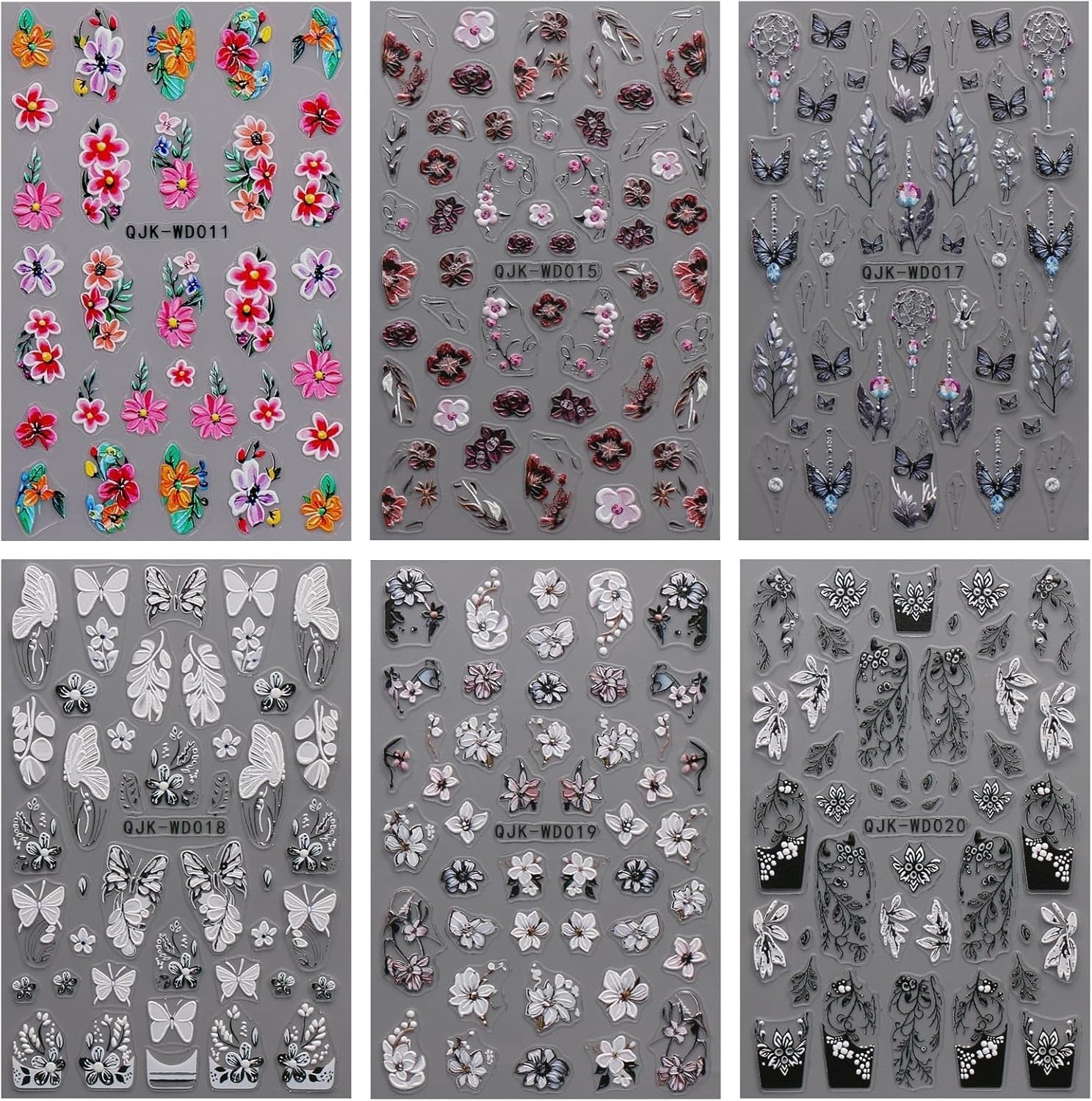 JMEOWIO Nálepka na nehty Schwarz Weiße Blume 6 Blatt Nálepka na nehty Selbtklebend Nagelaufkleber Frühling Letní květinová dekorace Nageldesign Zubehör